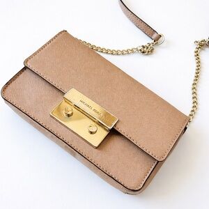 Authentic Michael Kors Beige Crossbody Bag with Gold Accents